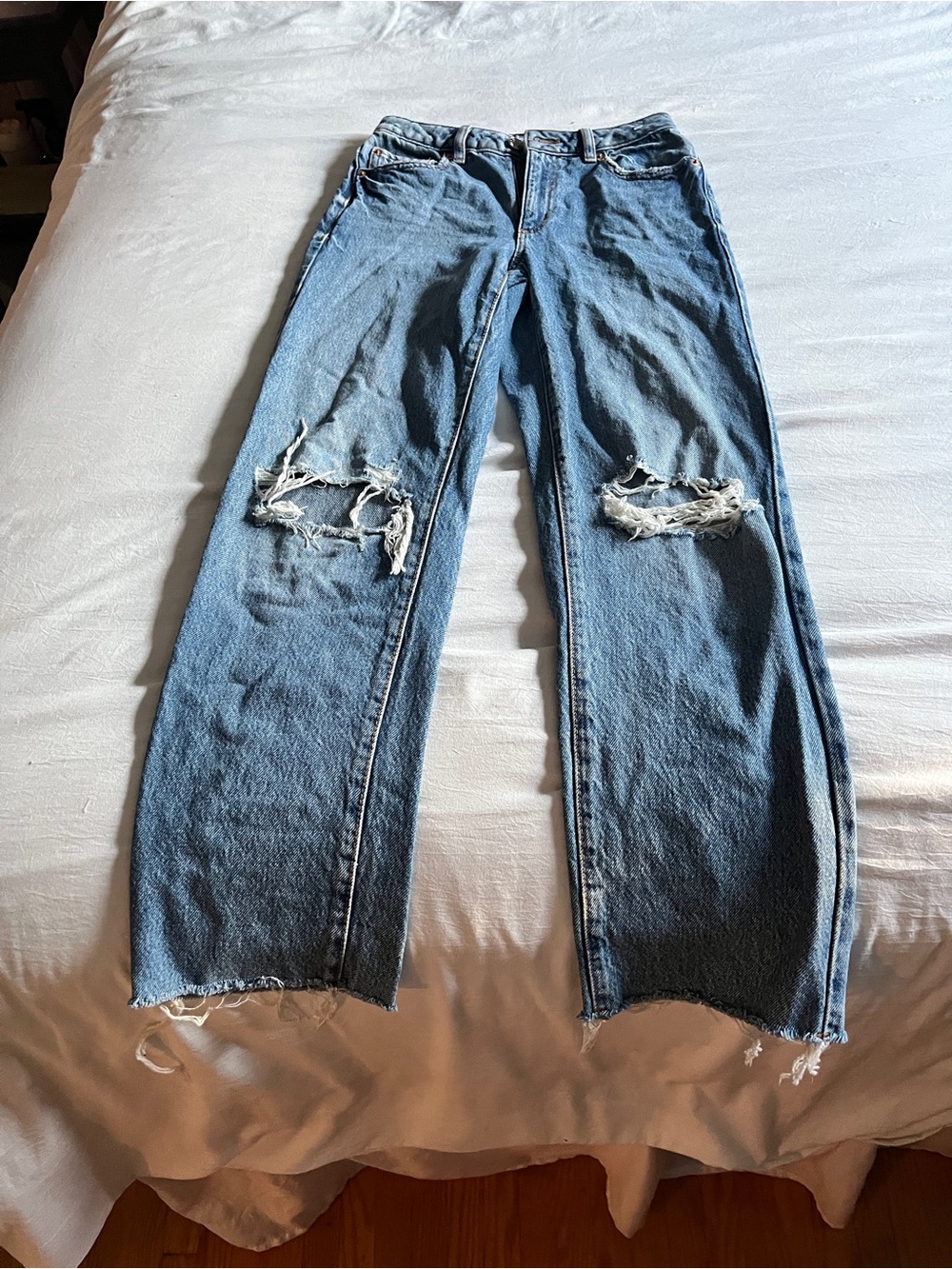 Garage Women's Mid-Blue Distressed Straight-Leg Jeans